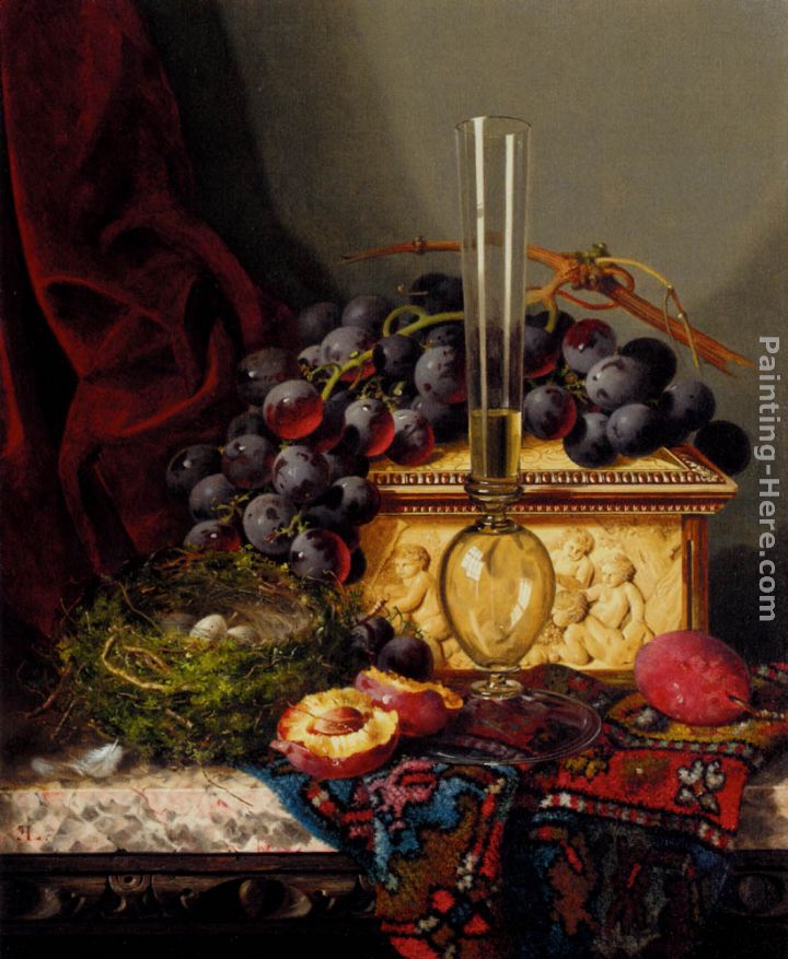 Still Life With Fruit, Birds Nest, Glass Vase And Casket painting - Edward Ladell Still Life With Fruit, Birds Nest, Glass Vase And Casket art painting